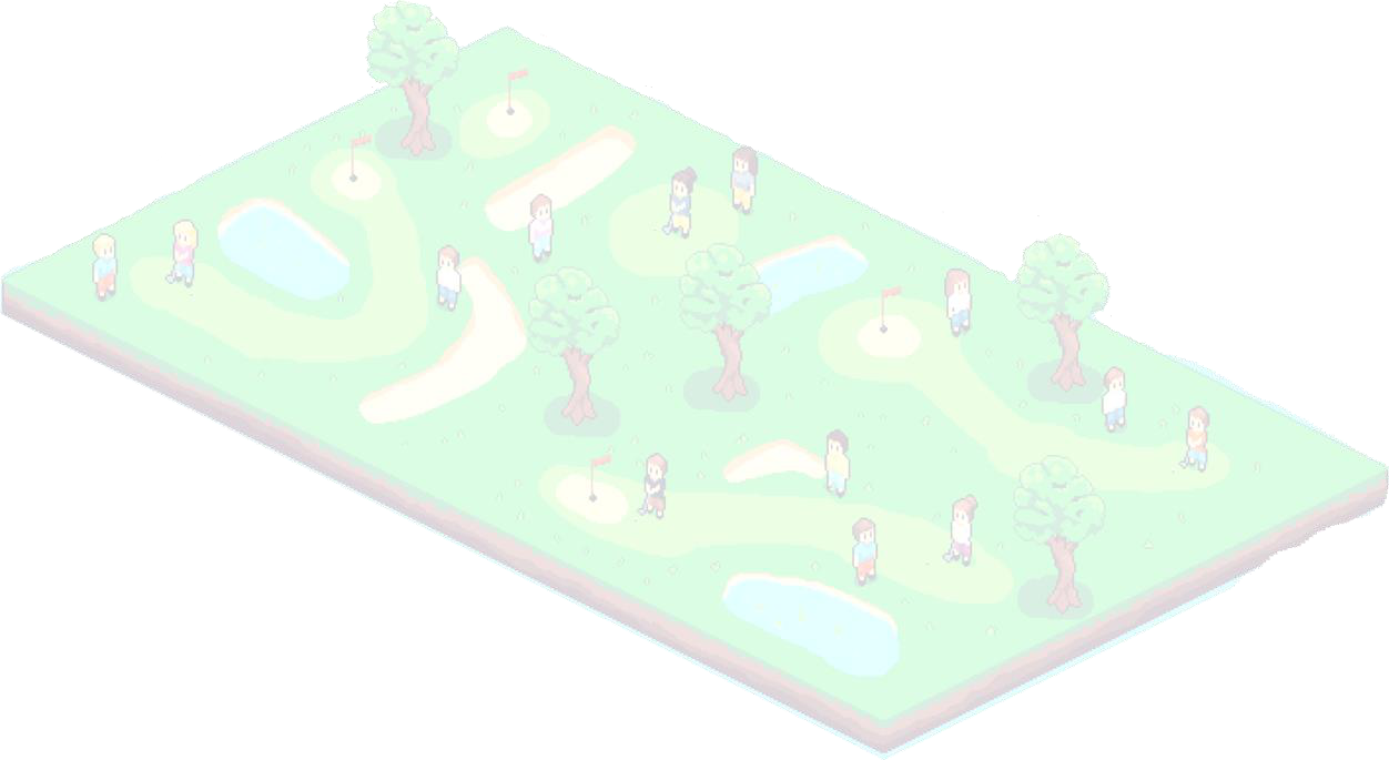 Original PixelLinks artwork: an isometric golf course with pixel golfers, greens, bunkers, trees and ponds